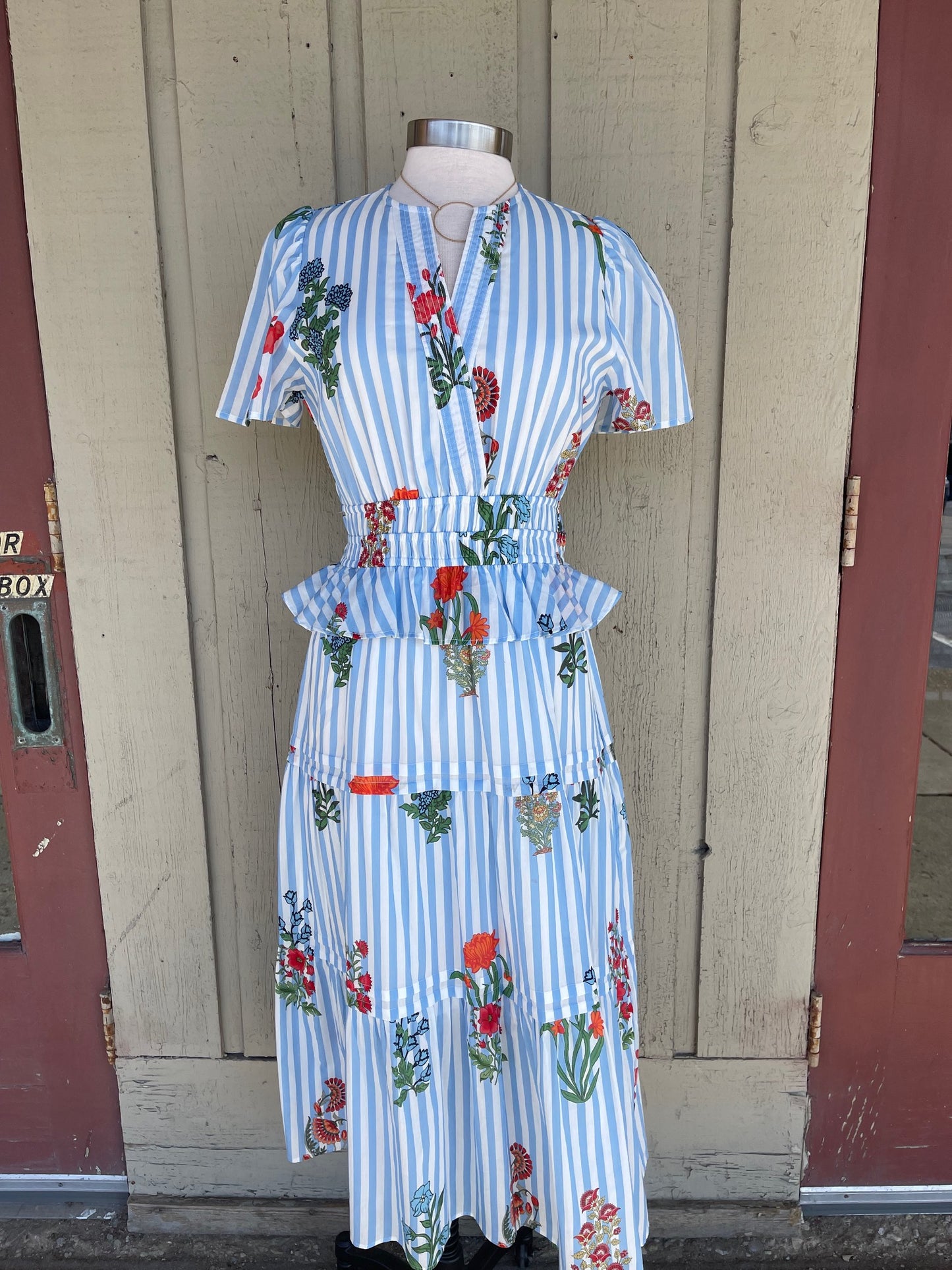 Floral Striped Tiered Midi Dress