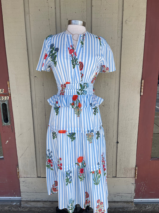 Floral Striped Tiered Midi Dress