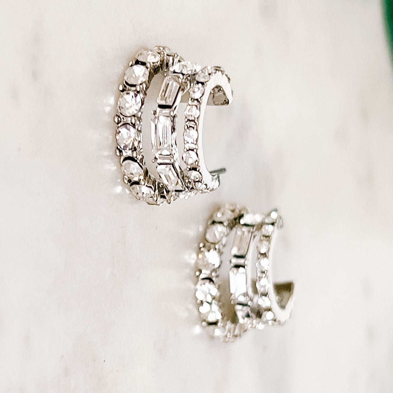 Triple Hoop Stone Encrusted Earrings - Silver