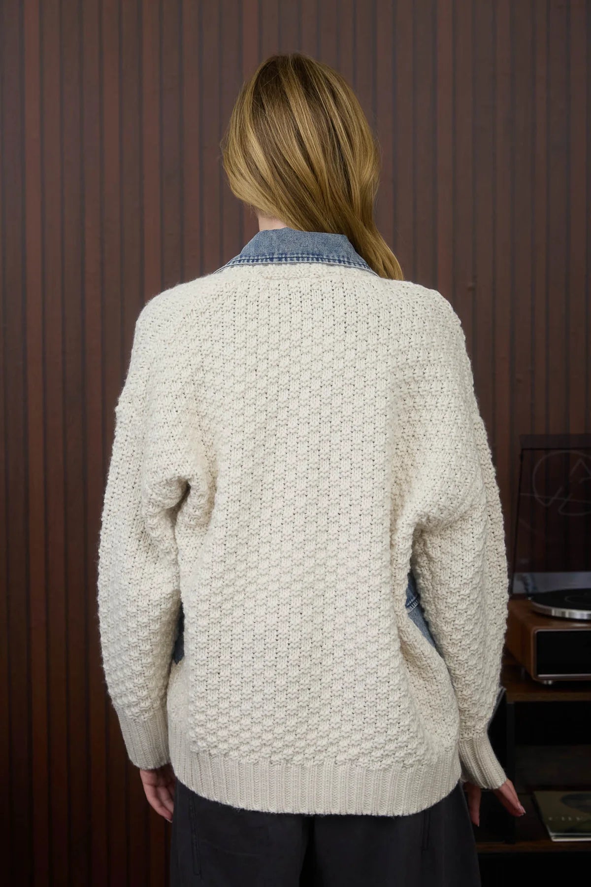 Mixed Media Cable Knit Denim Trim Jacket