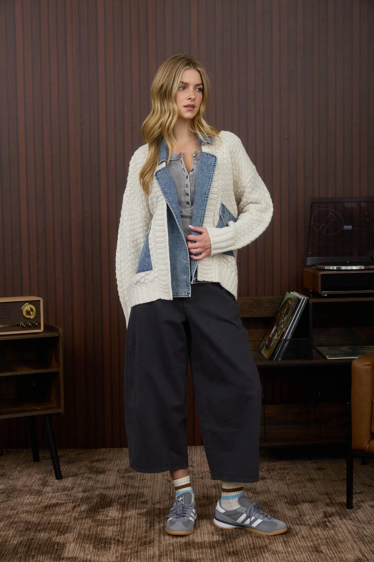 Mixed Media Cable Knit Denim Trim Jacket