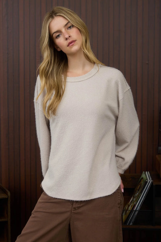 Round Neck Long Sleeve Fuzzy Knit Top