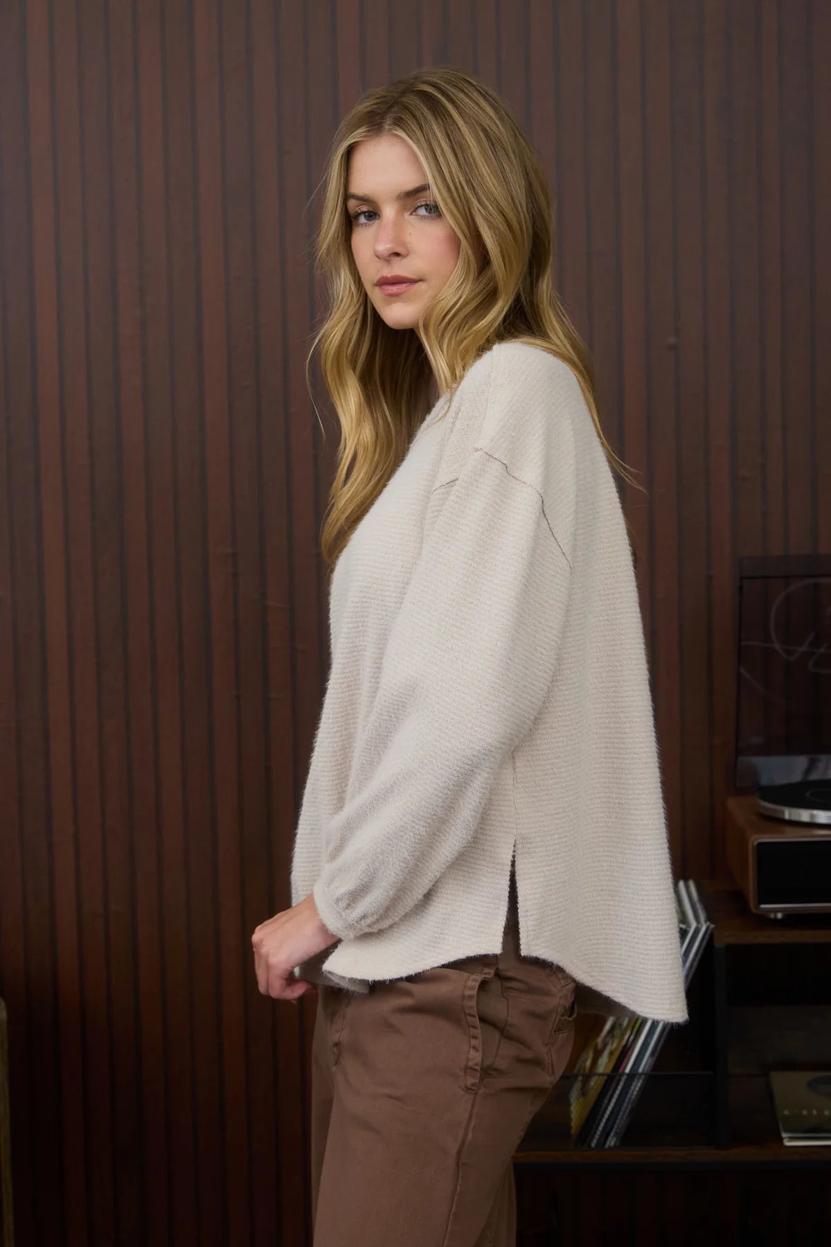 Round Neck Long Sleeve Fuzzy Knit Top