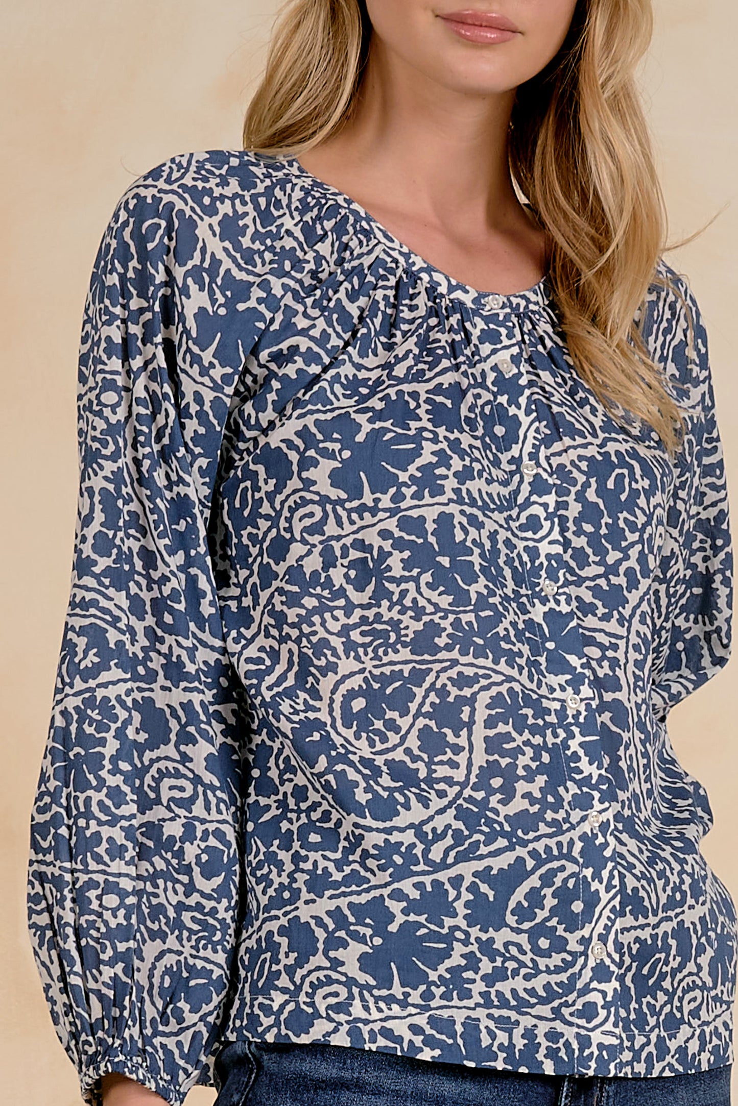Long Sleeve Button Front V-Neck Top