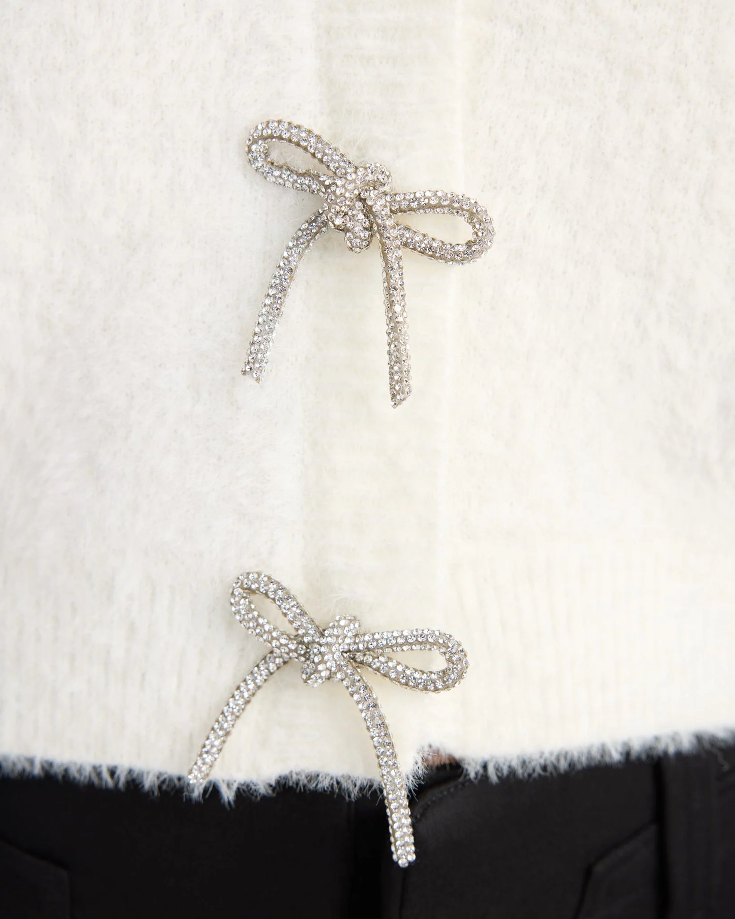 PORCELAIN CARDIGAN W/RHINESTONE BOWS