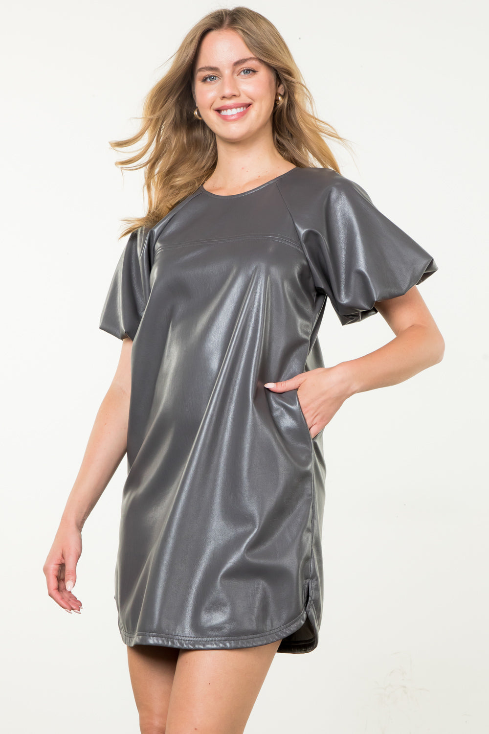 PUFF SLEEVE LEATHER DRESS