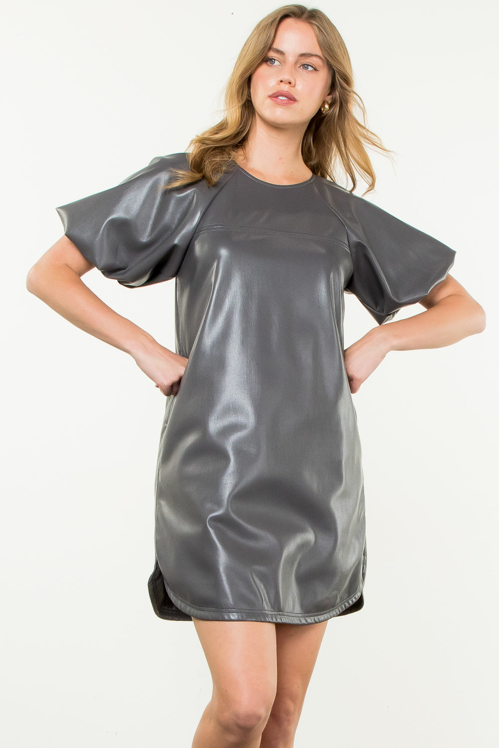 PUFF SLEEVE LEATHER DRESS