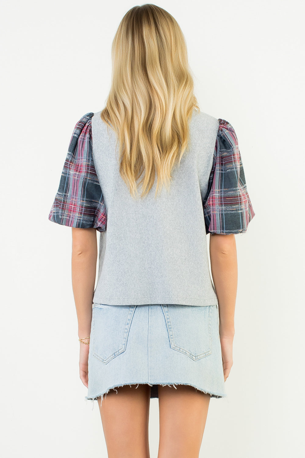Plaid Puff Sleeve Mixed Media Top