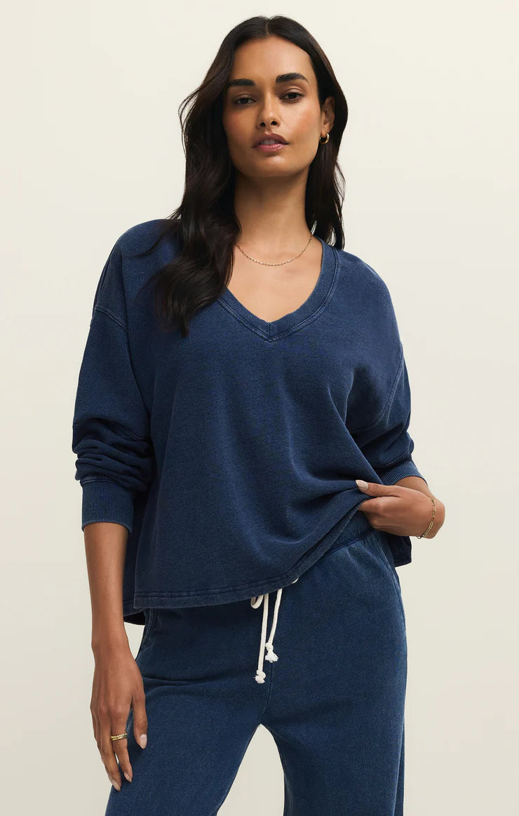 Delphine Knit Denim V-Neck Sweatshirt