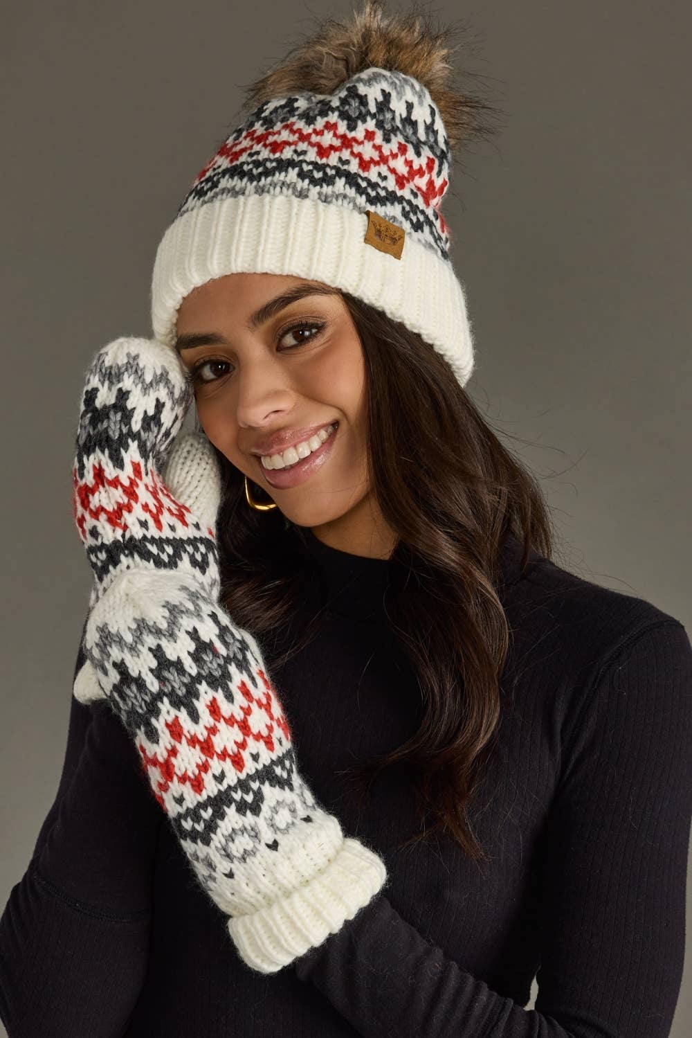 Ivory, Red & Gray Winter Pattern Pom Hat