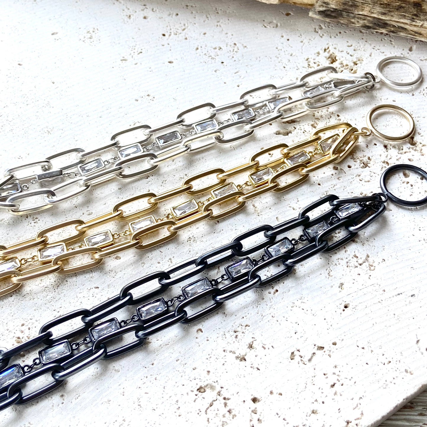 Matte Metal & Crystal Three Strand Bracelet - Silver