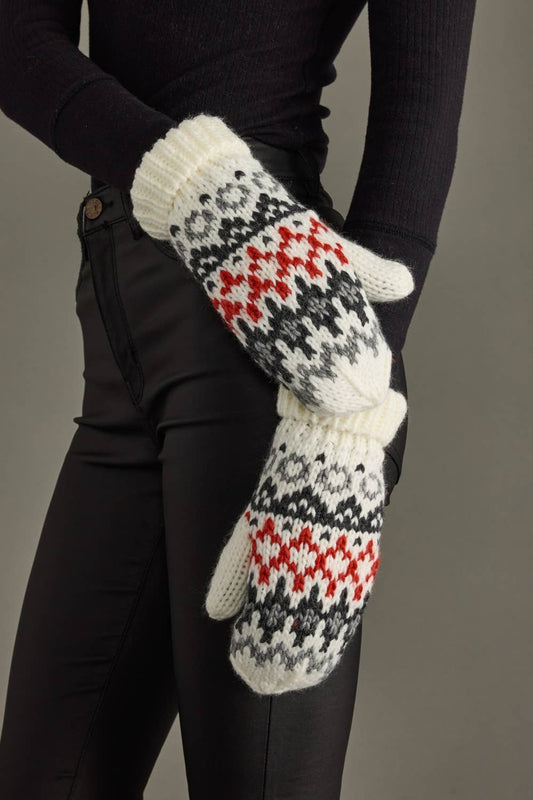 Ivory, Red & Gray Winter Pattern Mittens