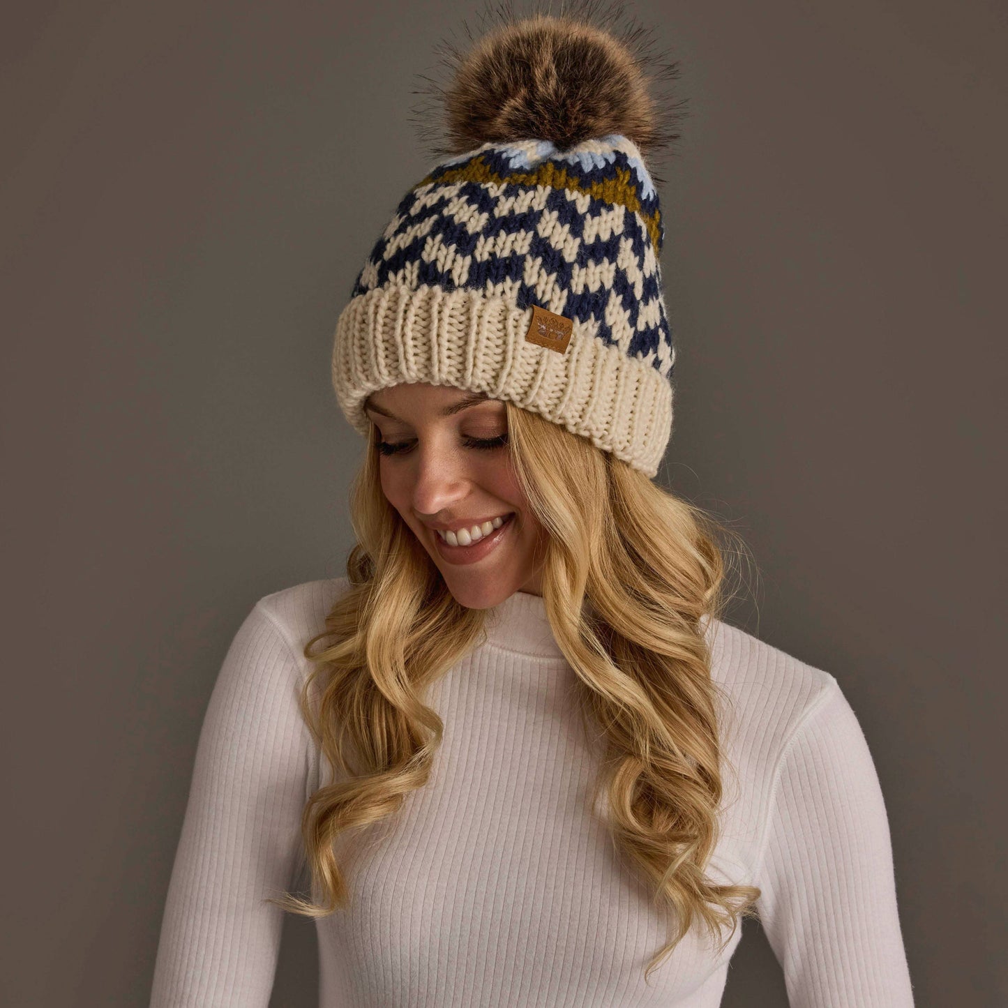 Beige, Navy & Lt. Blue Patterned Pom Hat