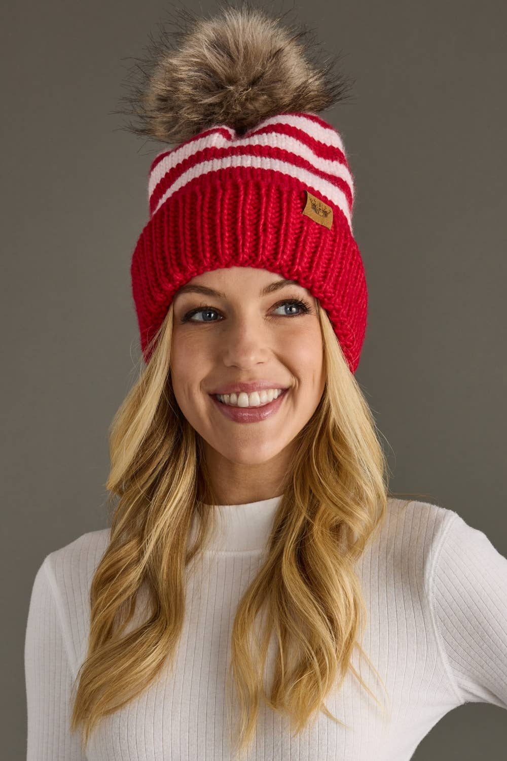 Red & Pink Striped Pom Hat
