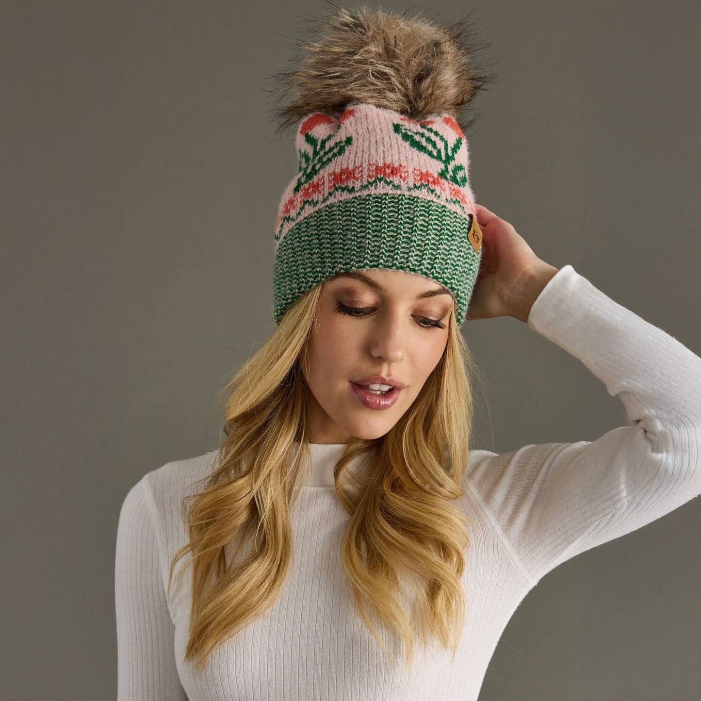 Lt. Pink Cherry Pattern Pom Hat