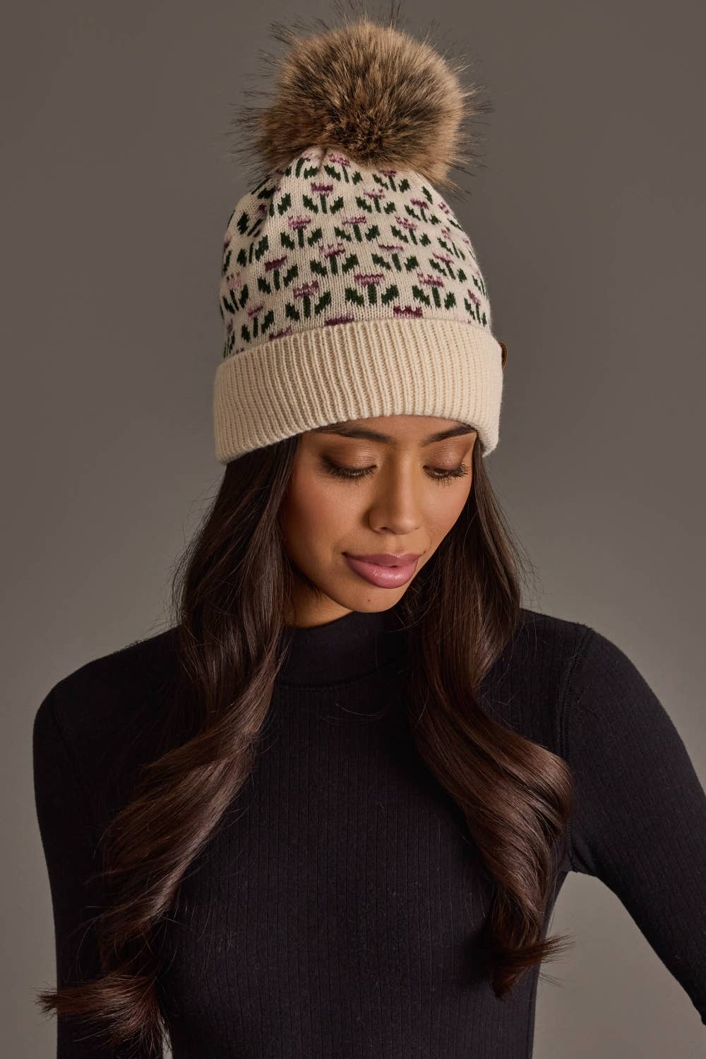 Cream Small Floral Pattern Pom Hat