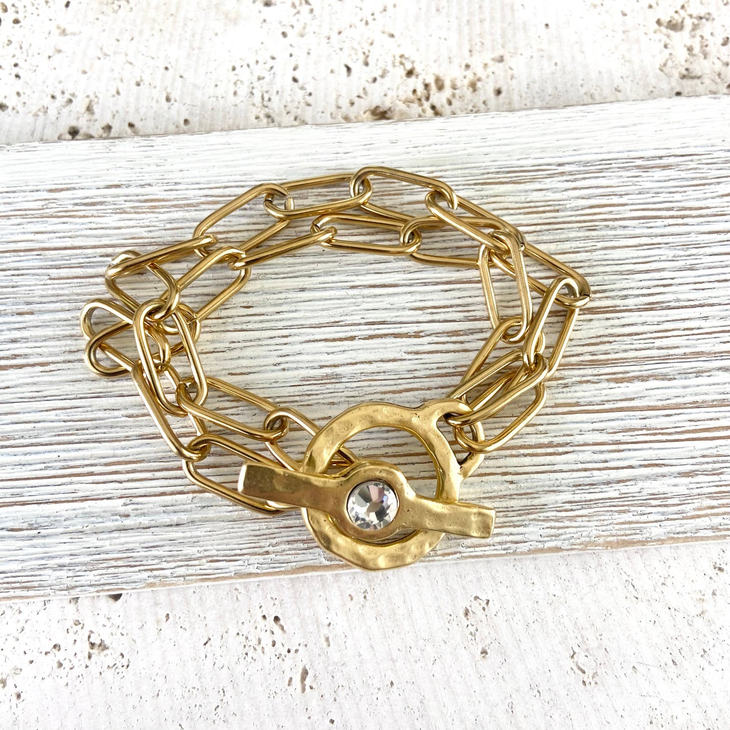 Hand Casted Crystal Toggle Bracelet - Gold