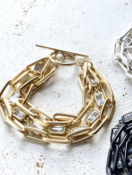 Matte Metal & Crystal Three Strand Bracelet - Gold