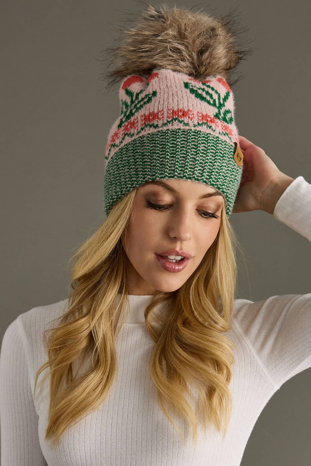 Lt. Pink Cherry Pattern Pom Hat