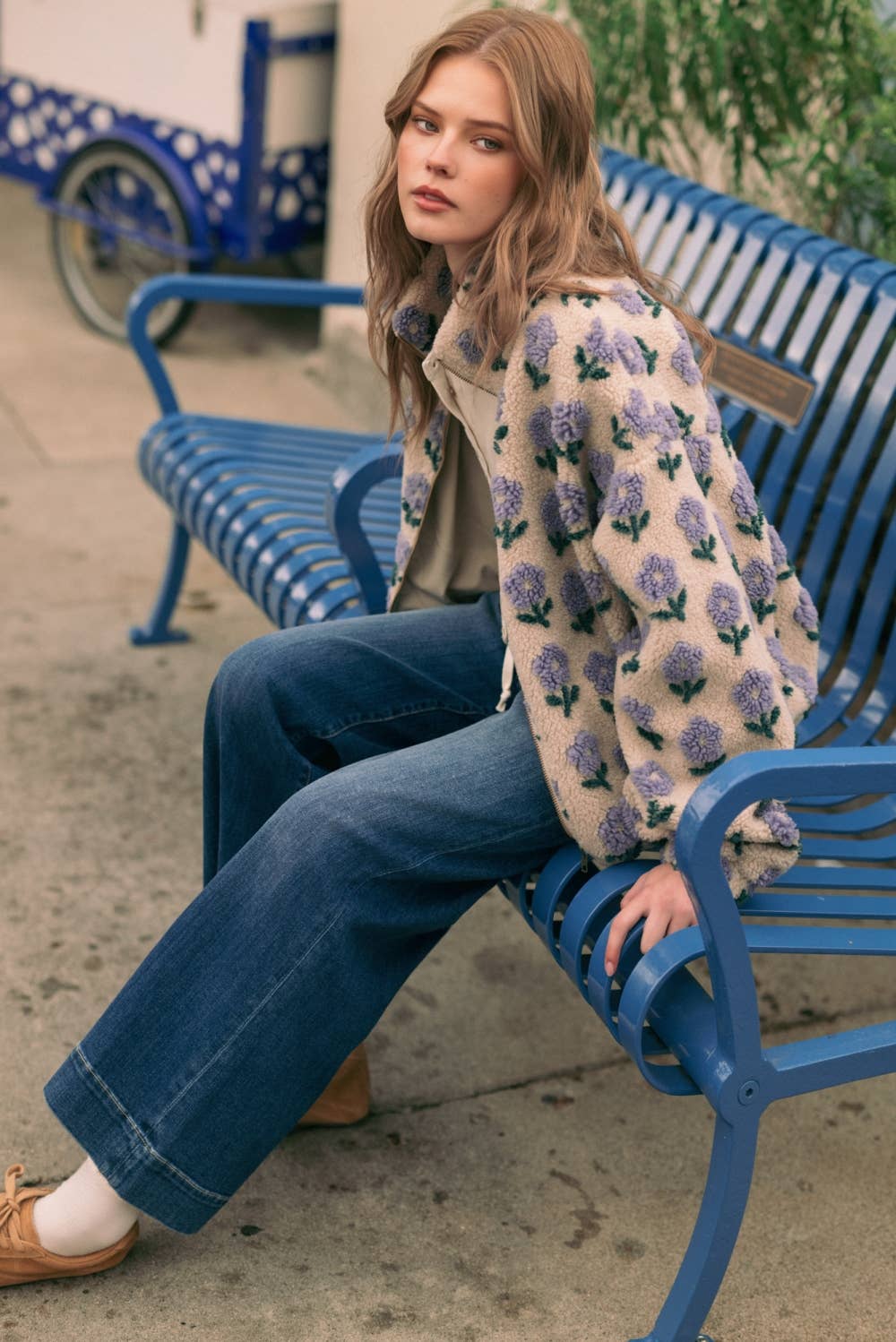 Flower Print Sherpa Jacket