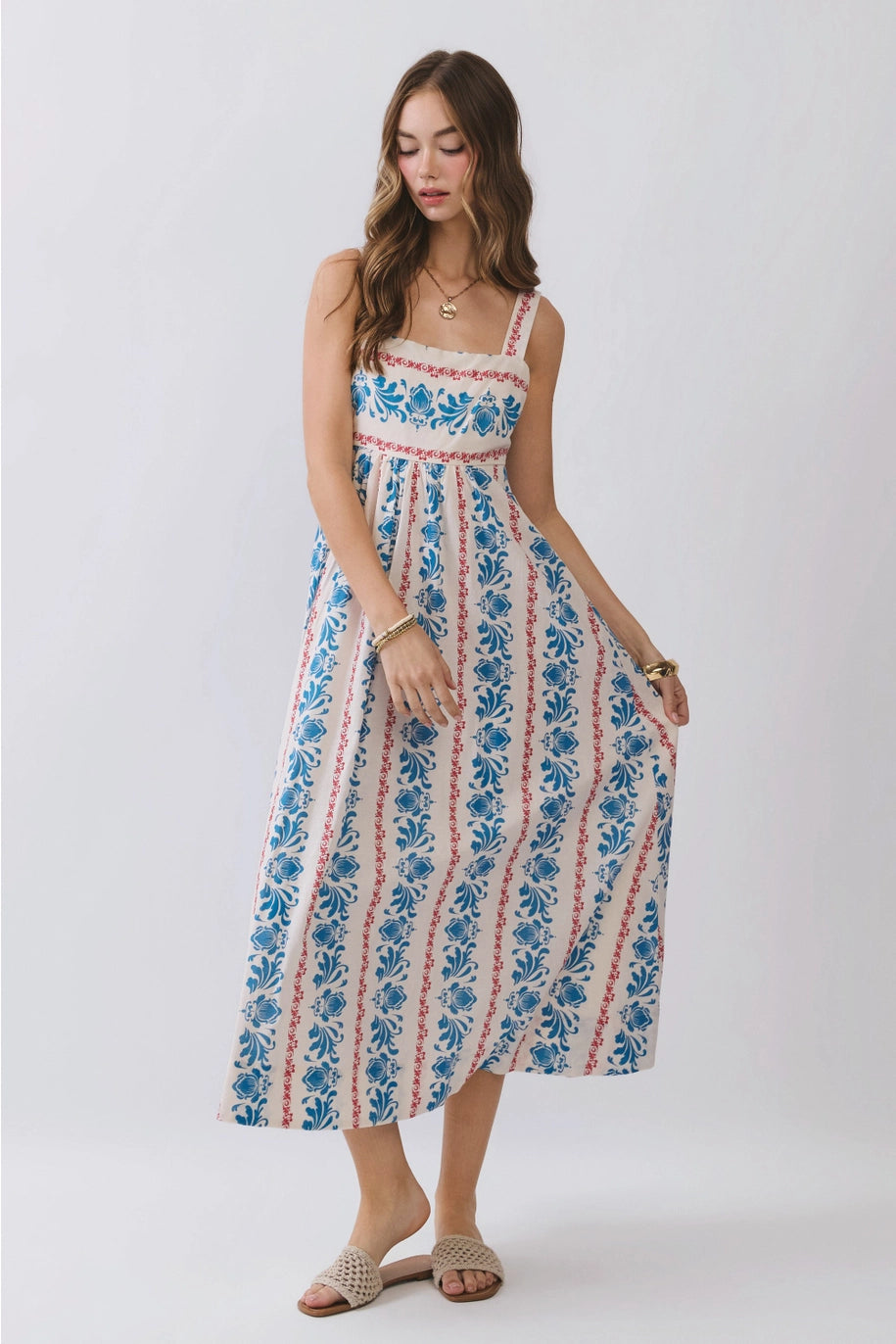 Square Neck Tie Back Midi Dress