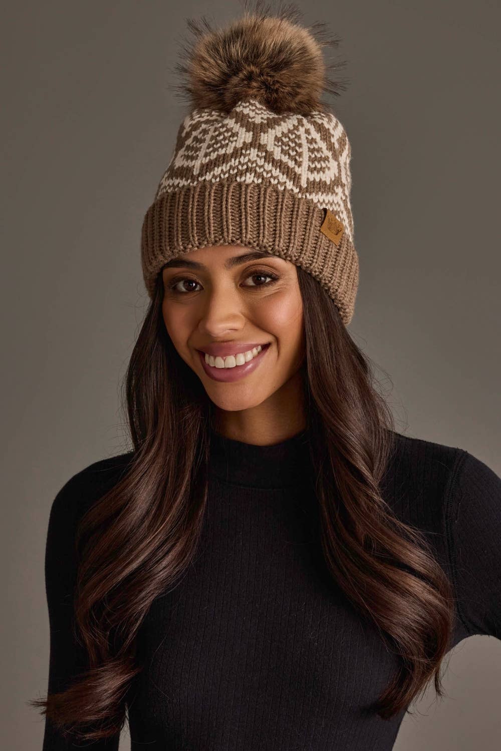 Taupe & Beige Patterned Pom Hat