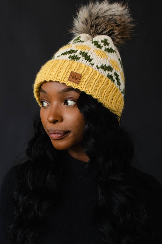 Ivory & Yellow Lemon Patterned Pom Hat