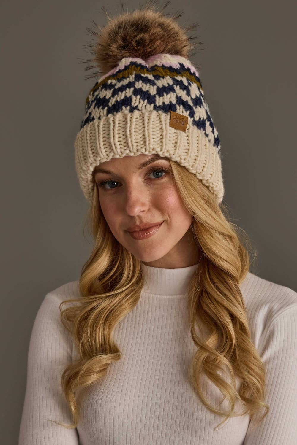 Beige, Navy & Lt. Pink Patterned Pom Hat
