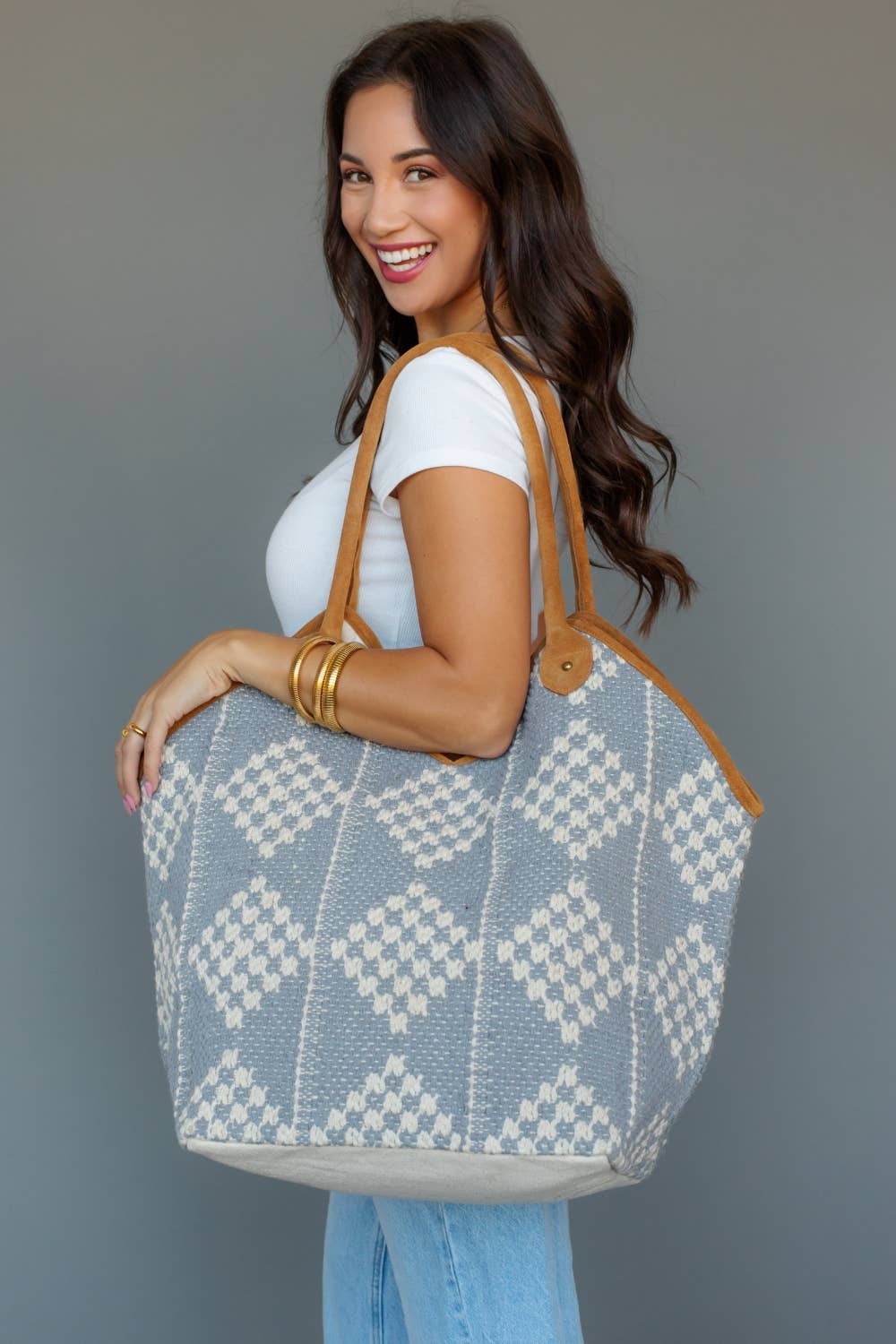 Gray & Cream Diamond Pattern Tote