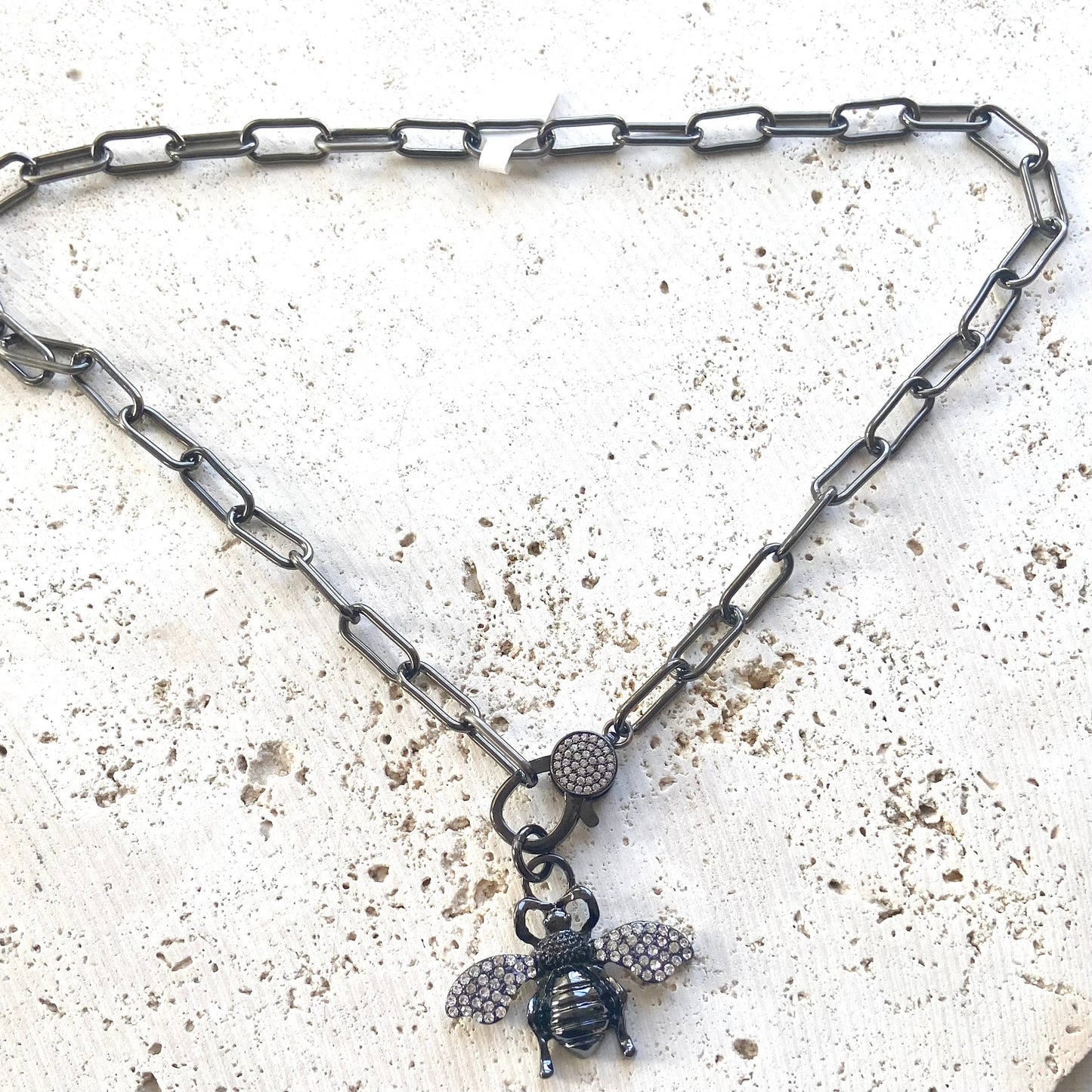 GUNMETAL CRYSTAL BEE NECKLACE