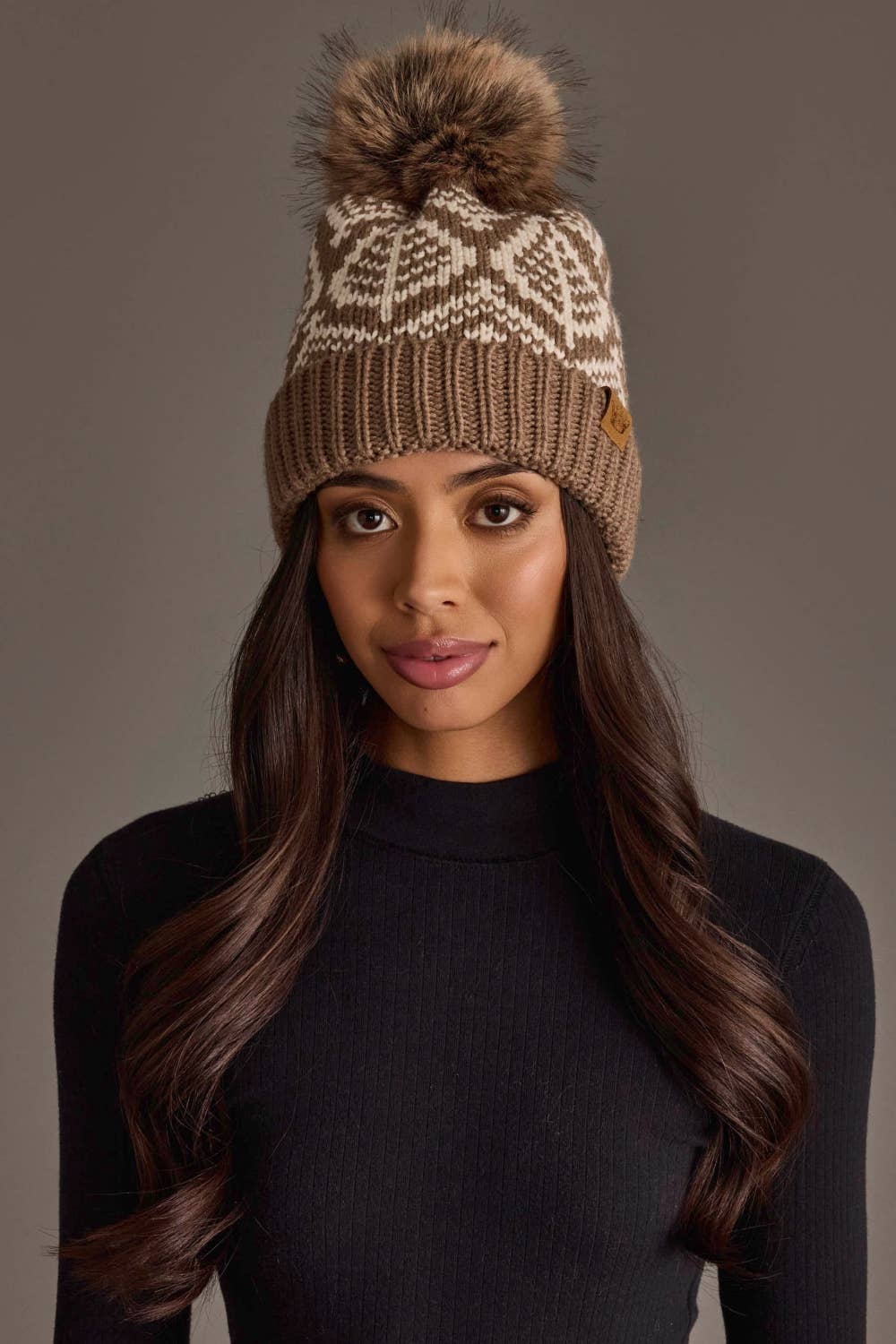 Taupe & Beige Patterned Pom Hat