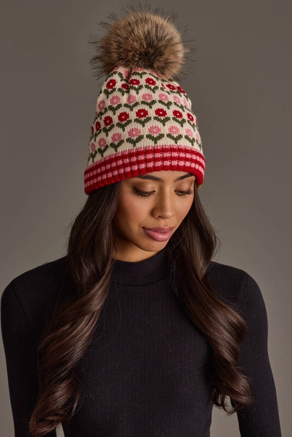 Cream, Red & Pink Floral Pattern Pom Hat