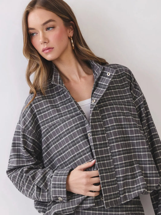 Plaid Zip & Button Closure Bomber Jacket