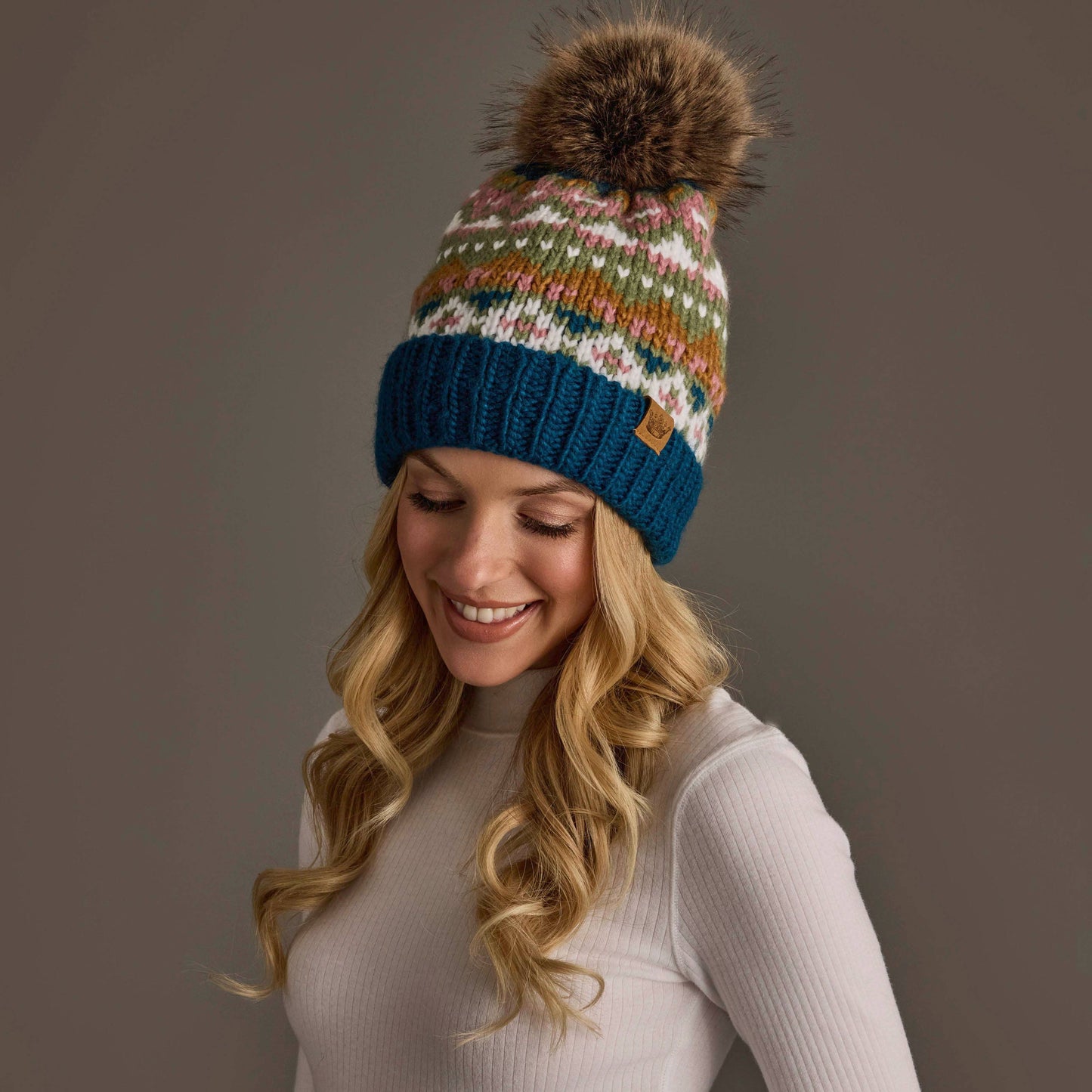 Blue, Green, Pink & Brown Patterned Pom Hat