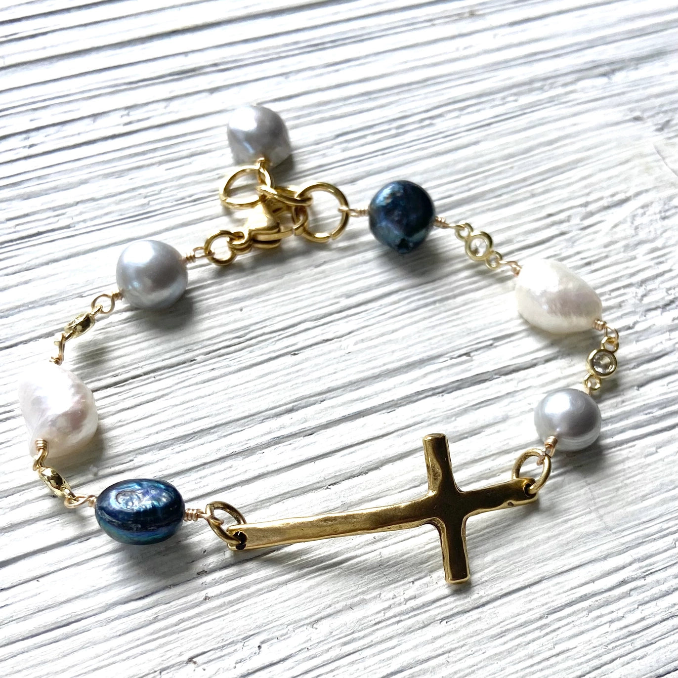 Denim Pearl & Hand Casted Cross Bracelet