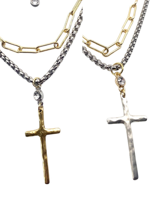 Mixed Metal Layered Cross Necklace