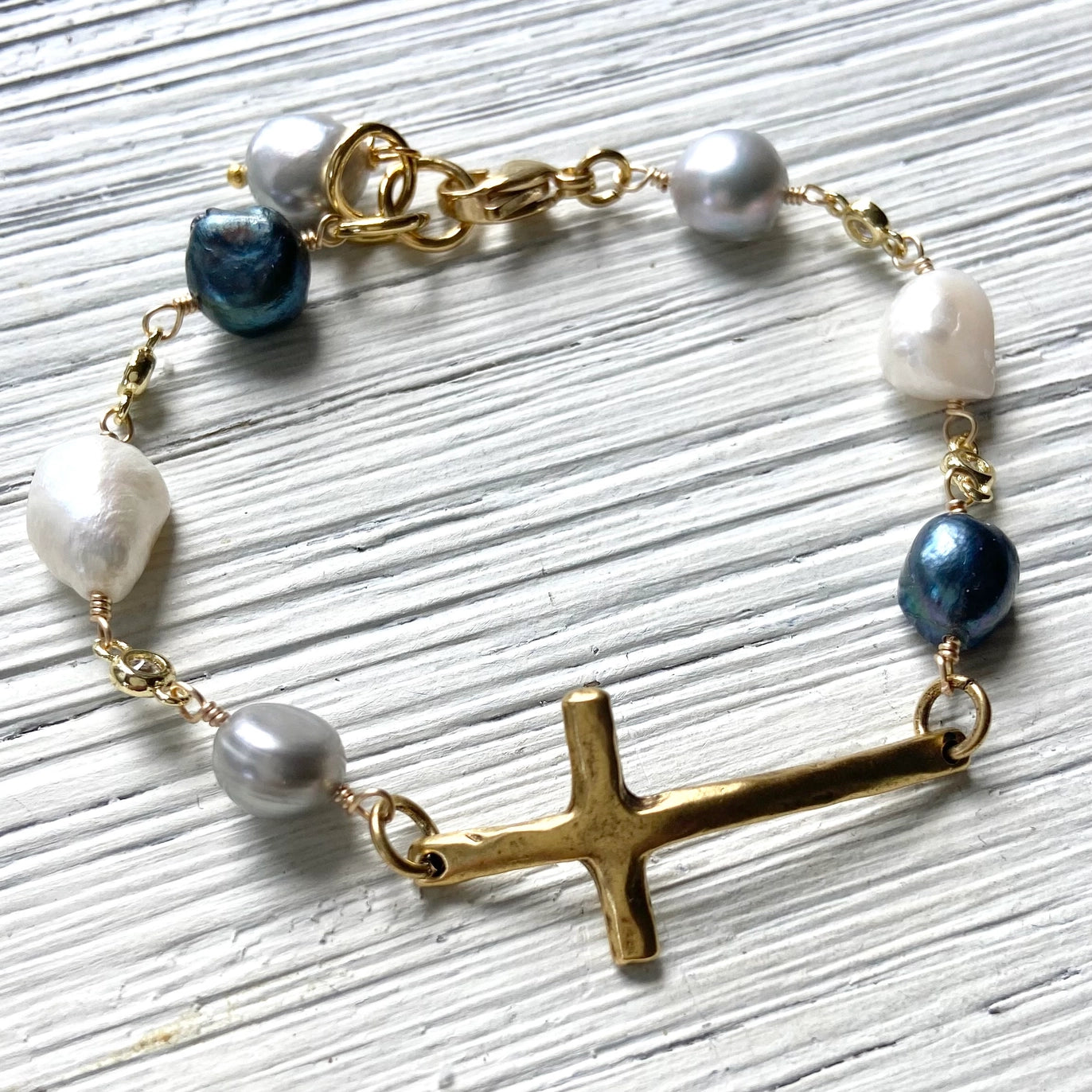 Denim Pearl & Hand Casted Cross Bracelet