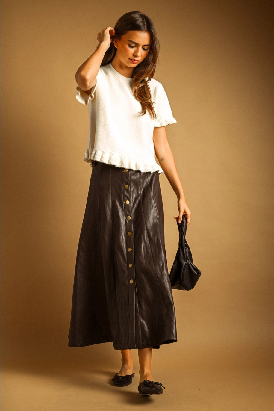 Button Front Faux Leather Skirt