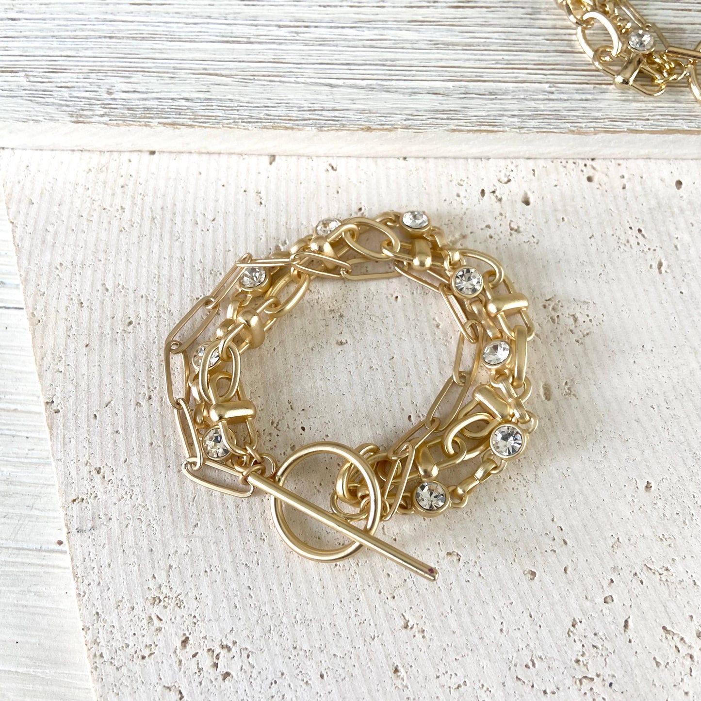 Triple Chain Crystal Bracelet - Matte Gold
