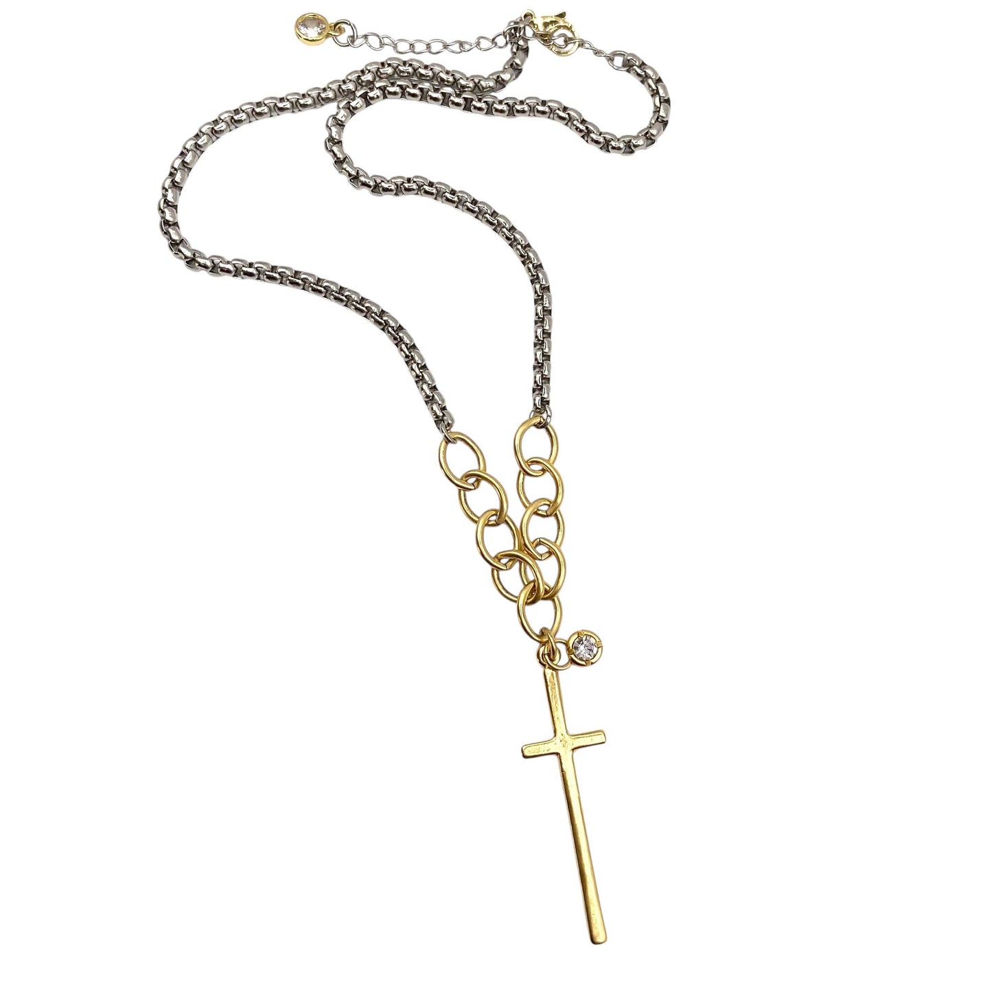 Mixed Metal Cross Necklace With Crystal Accent 