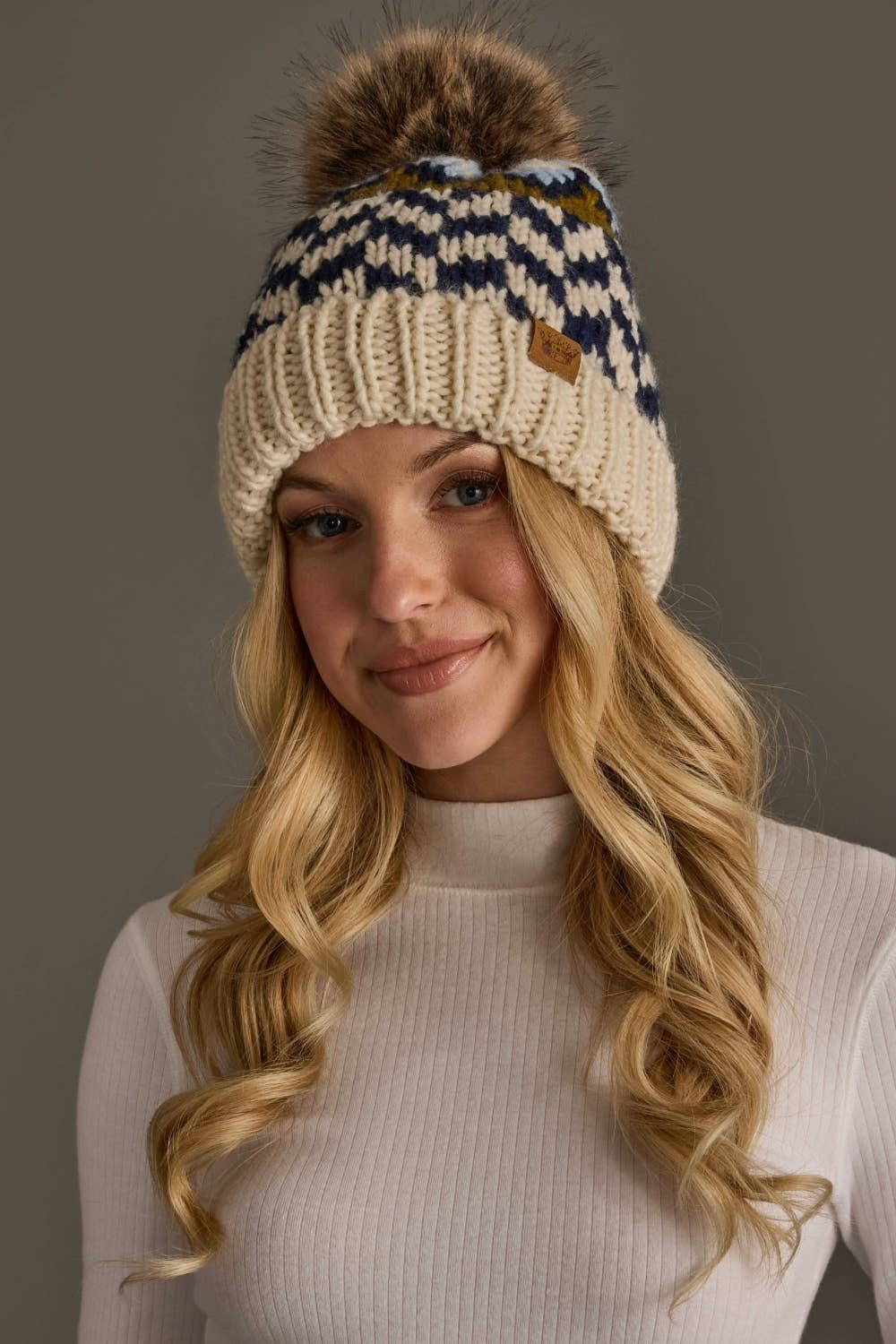 Beige, Navy & Lt. Blue Patterned Pom Hat
