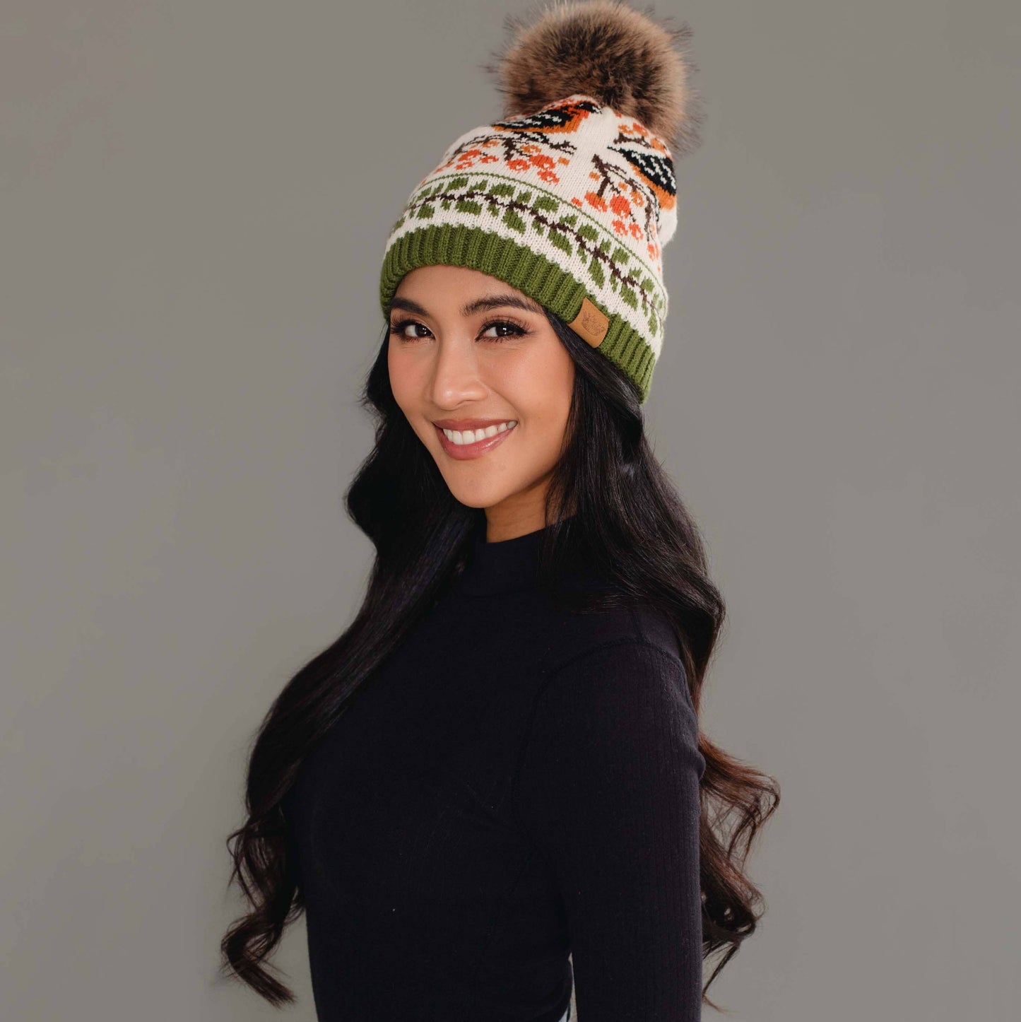 Olive & Cream Bird Pattern Knit Pom Hat