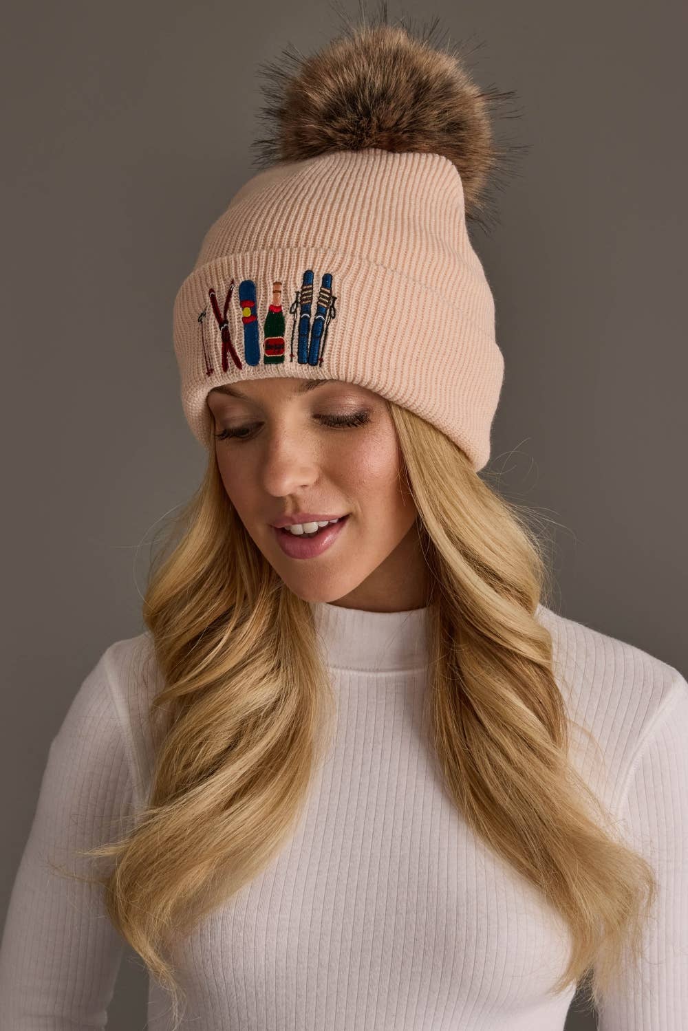 Blush Ski Embroidered Pom Hat