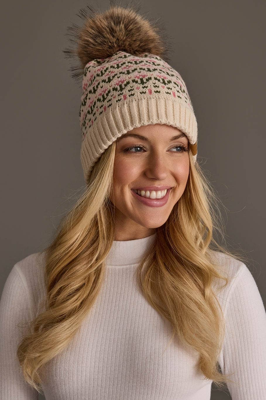 Cream & Pink Floral Pattern Pom Hat