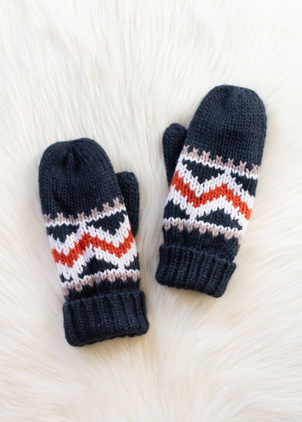 Navy, Red, White & Taupe Pattern Mittens