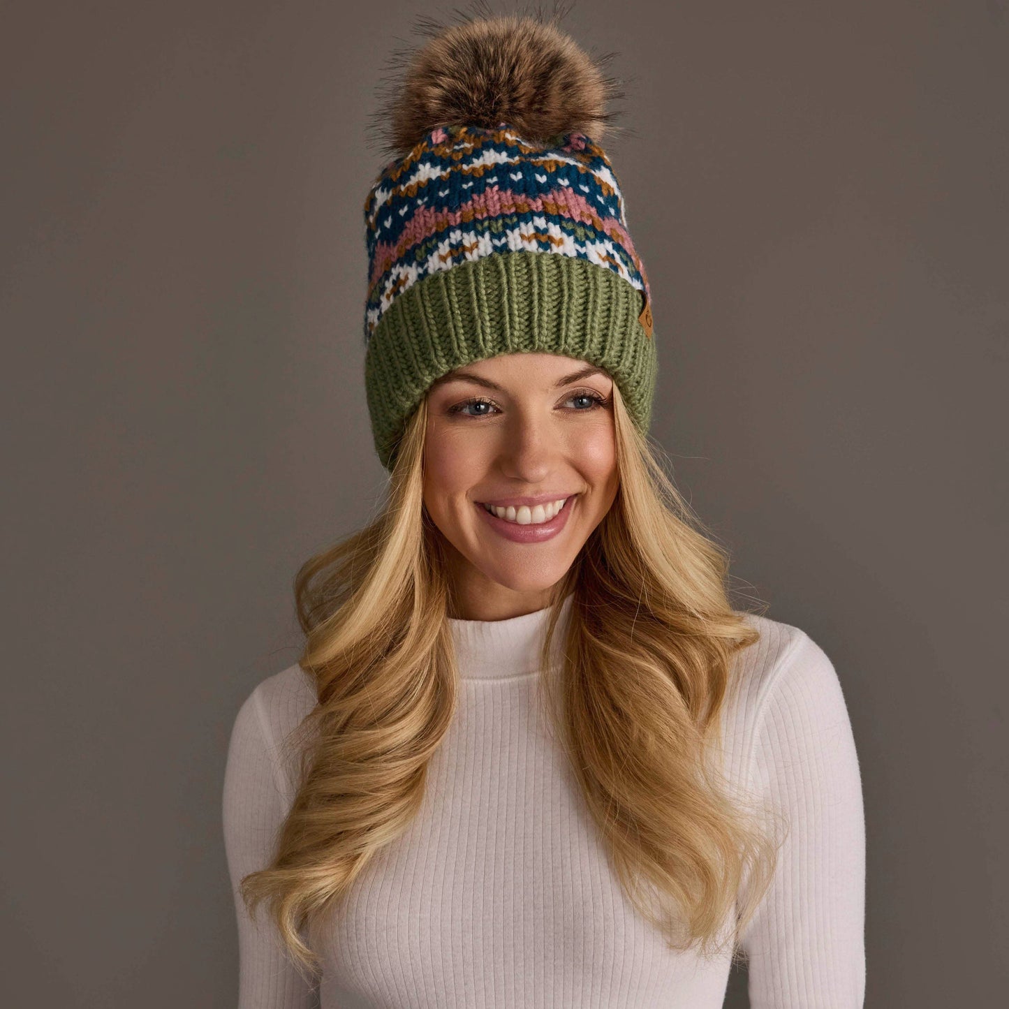 Green, Blue, Pink & Brown Patterned Pom Hat