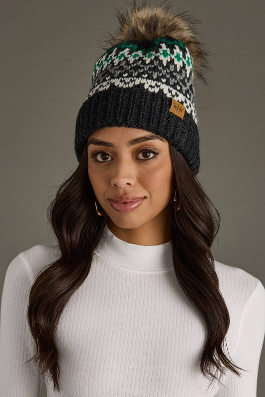 Gray, White & Green Winter Pattern Pom Hat