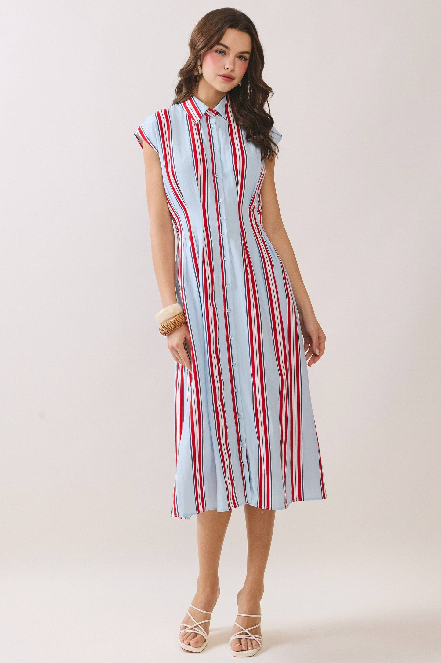 Fitted Bodice Striped Button Down Midi Dress