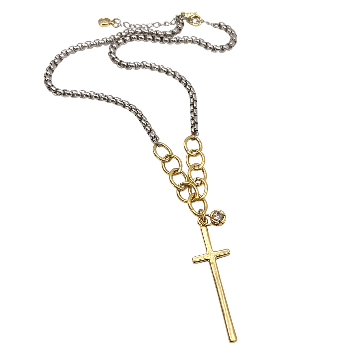 Mixed Metal Cross Necklace With Crystal Accent 