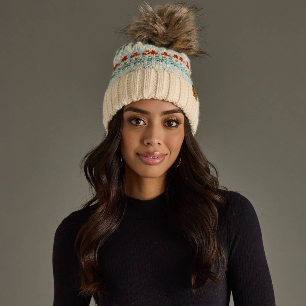 Ivory, Lt. Blue, Mint & Orange Pattern Pom Hat